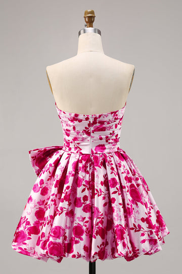 Floral Fuchsia Strapless A Line Short Cocktail Dress with Bow